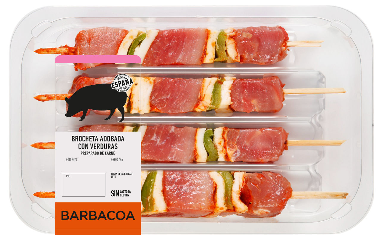Brocheta de cerdo adobado con verduras