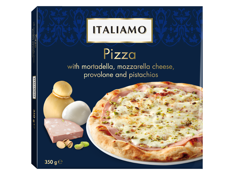 Pizza con mortadela, mozzarella, provolone y pistachos