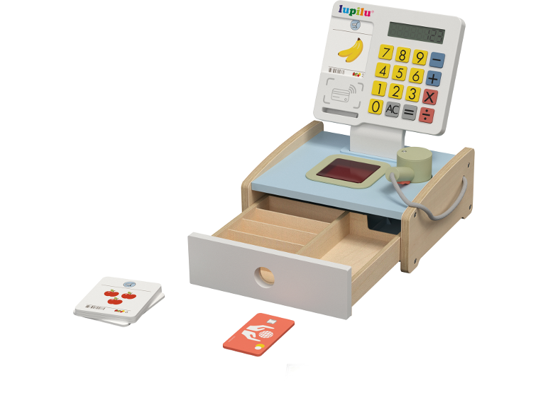 LUPILU® - Caja registradora/Balanza/Caja con alimentos/Cesta de la compra de madera