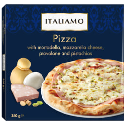 Pizza con mortadela, mozzarella, provolone y pistachos