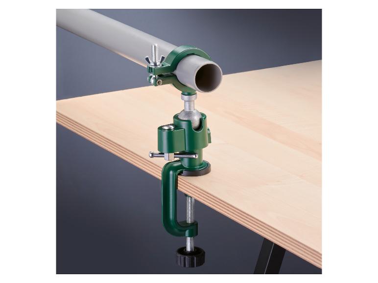Tornillo de banco universal para mesa, con cabezal de herramienta intercambiable.